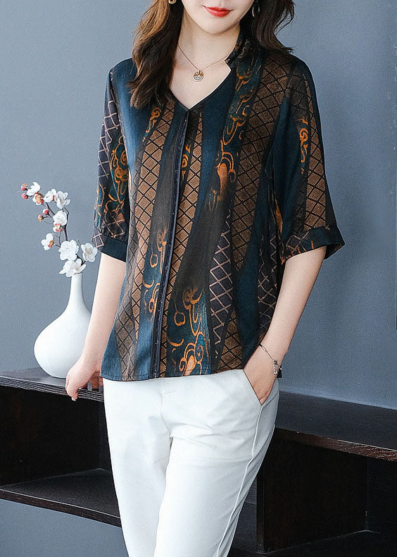 Fine Navy V Neck Print Patchwork Silk Shirt Summer LY0438