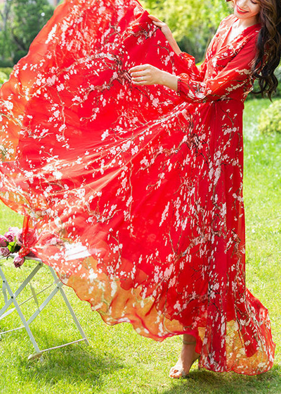 Fine Red Print Slim Chiffon Vacation Long Dresses Long Sleeve LY1775