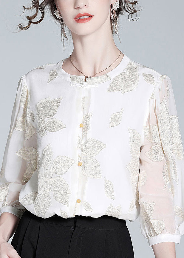 Fine White O-Neck Embroideried Print Button Silk Top AC3033