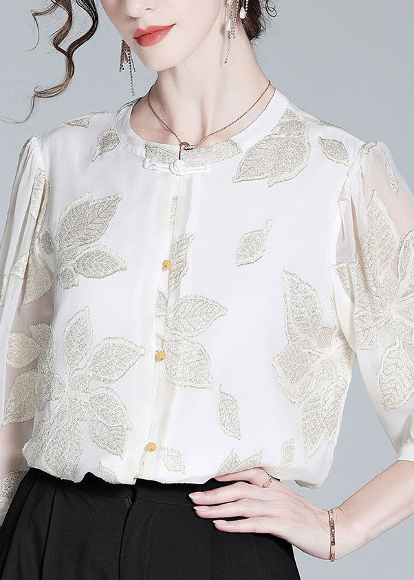 Fine White O-Neck Embroideried Print Button Silk Top AC3033
