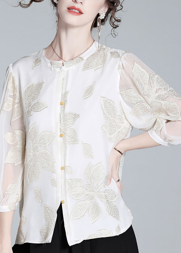 Fine White O-Neck Embroideried Print Button Silk Top AC3033