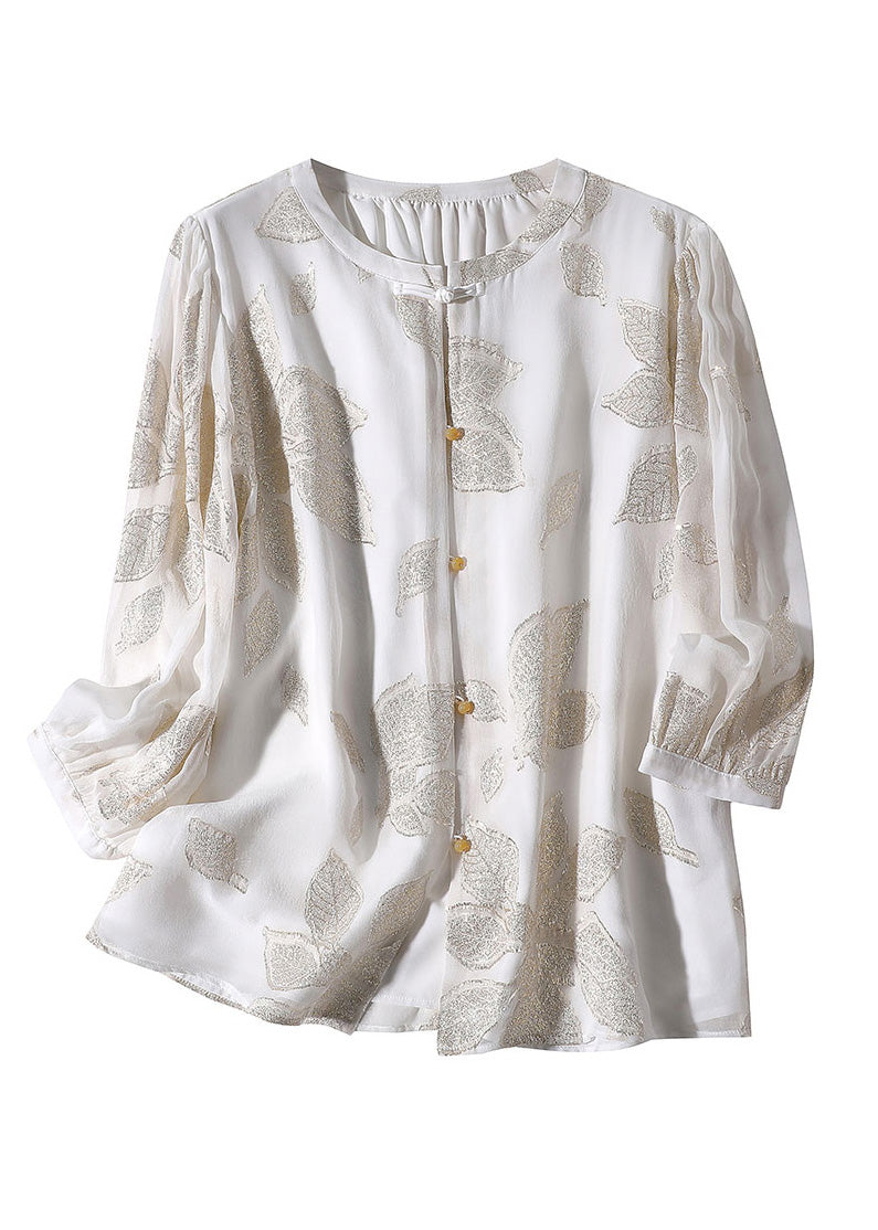 Fine White O-Neck Embroideried Print Button Silk Top AC3033