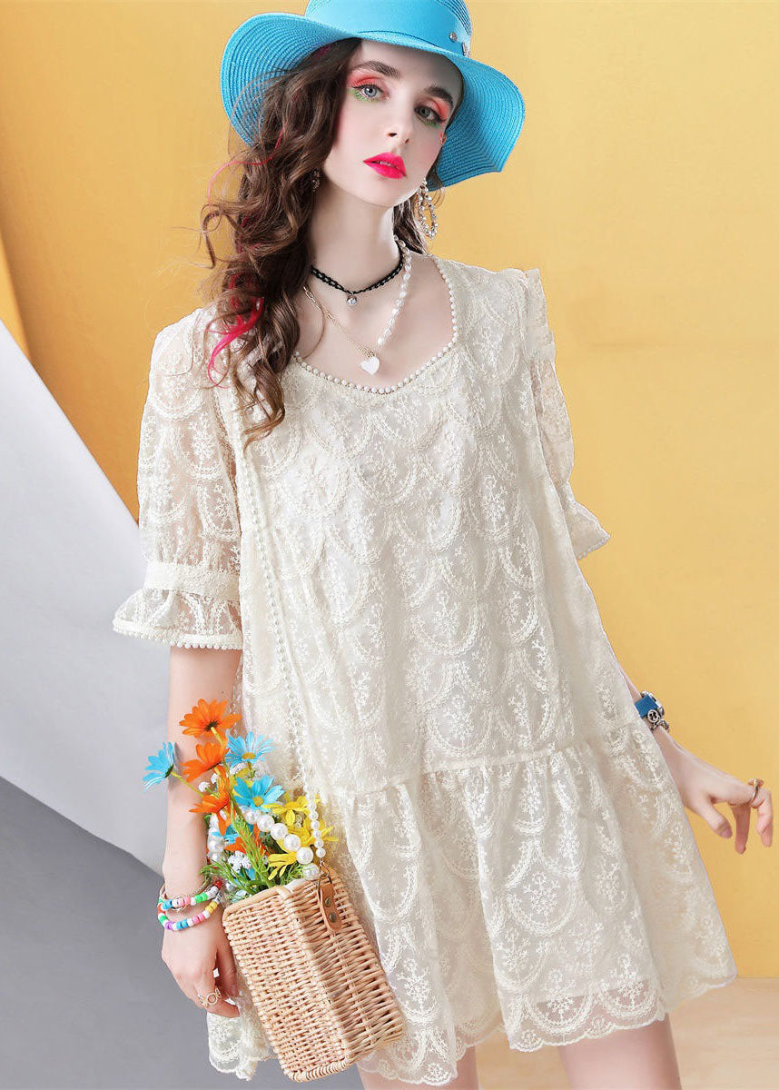 Fitted Beige Square Collar Nail bead Patchwork Lace Mid Dress Petal Sleeve LC0250
