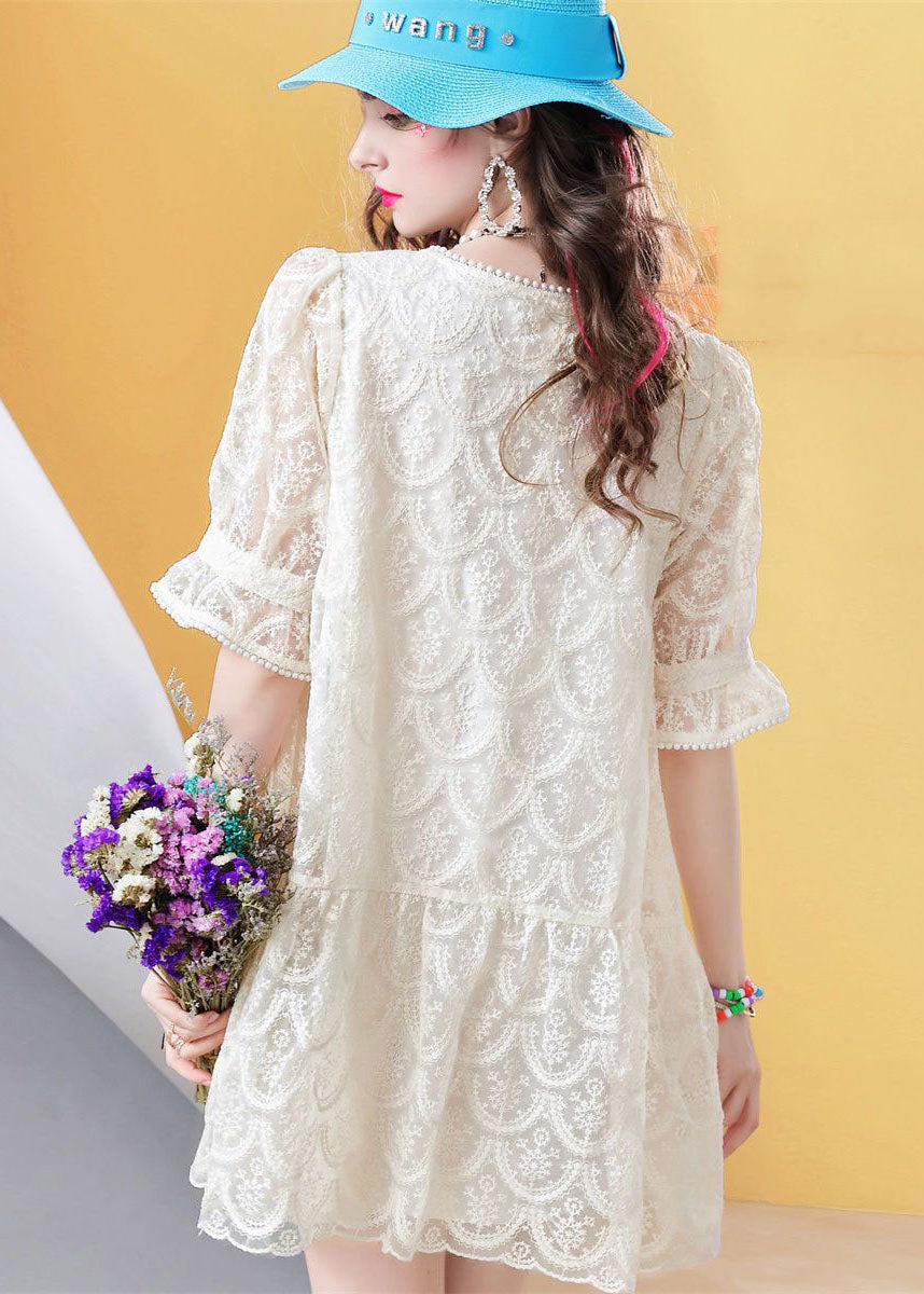 Fitted Beige Square Collar Nail bead Patchwork Lace Mid Dress Petal Sleeve LC0250