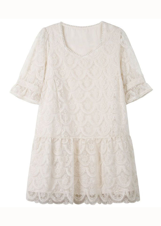 Fitted Beige Square Collar Nail bead Patchwork Lace Mid Dress Petal Sleeve LC0250