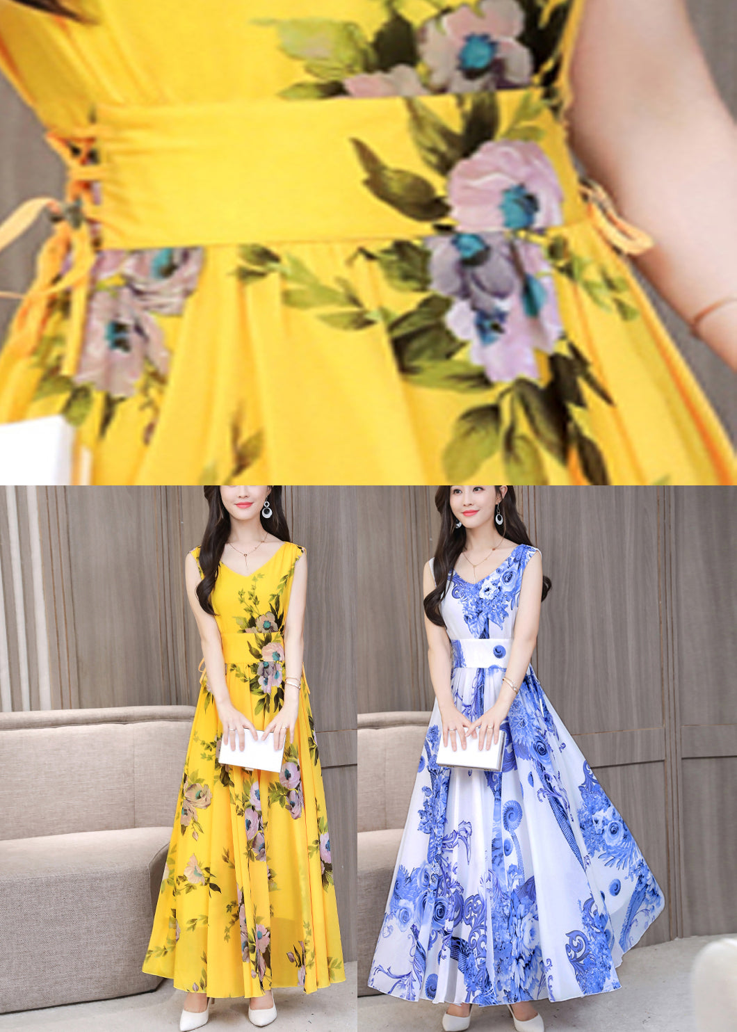 Fitted Yellow V Neck Print Chiffon Long Dress Summer LY1709