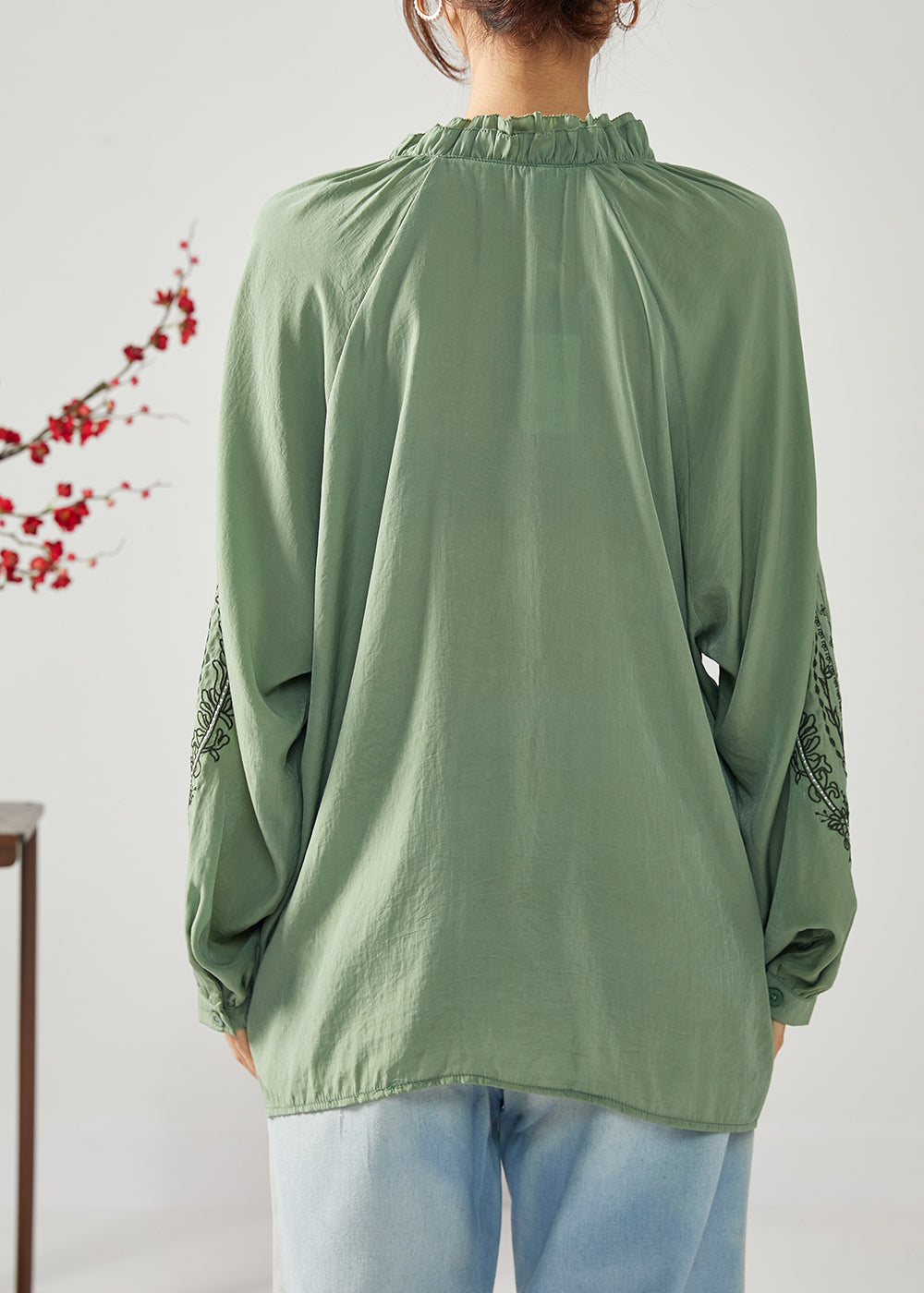French Army Green Embroideried Ruffled Cotton Shirts Spring LY1112