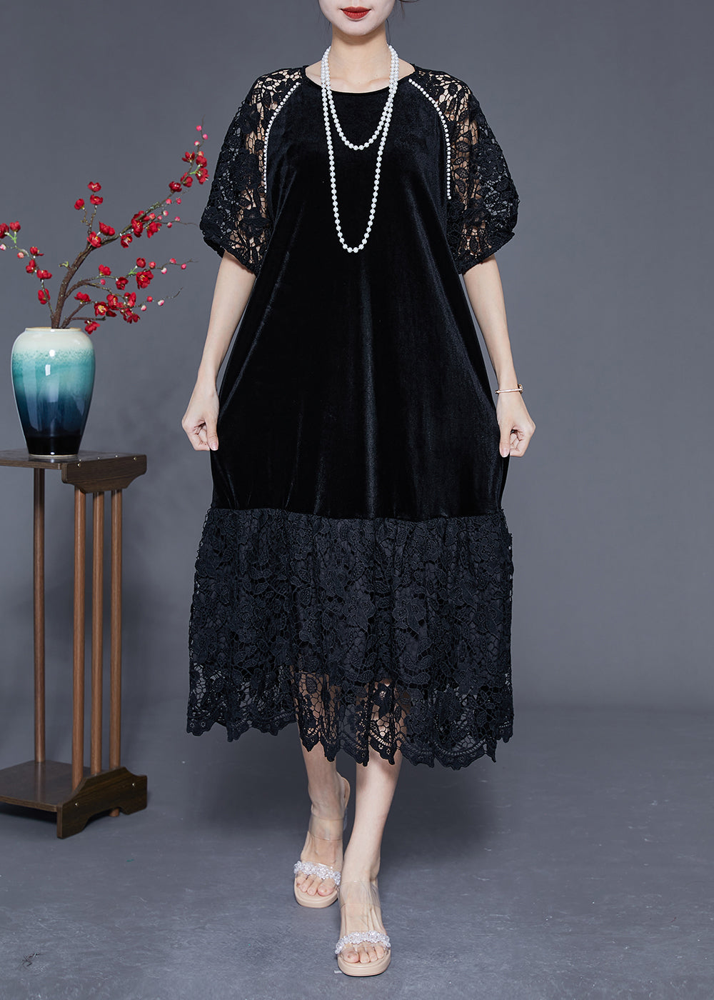 French Black Hollow Out Lace Patchwork Silk Velour Maxi Dresses Summer LY1765