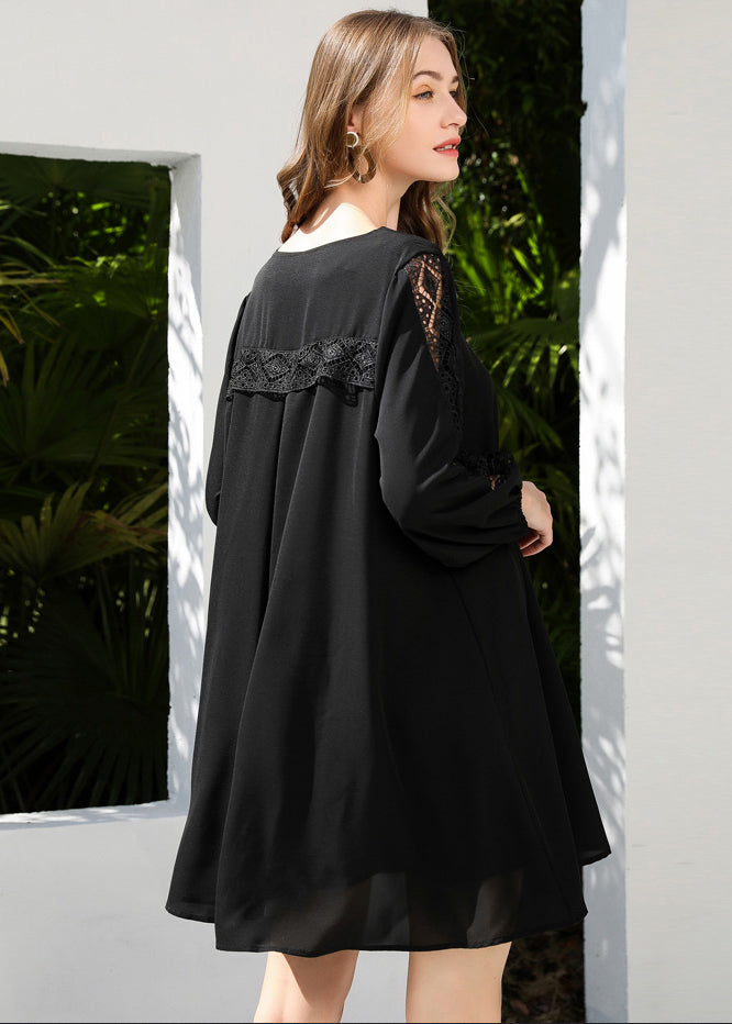French Black Oversized Patchwork Lace Chiffon Dresses Bracelet Sleeve LY0269