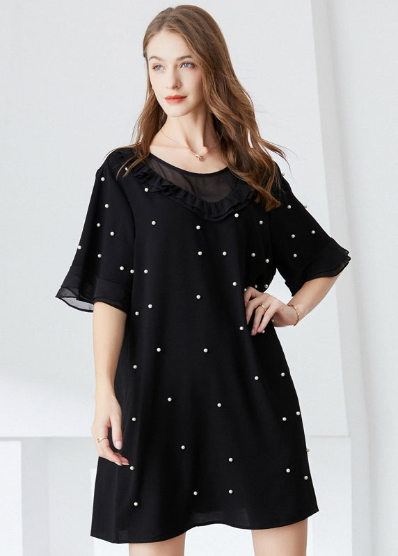 French Black Ruffled Nail Bead Chiffon Dresses Butterfly Sleeve LY0325