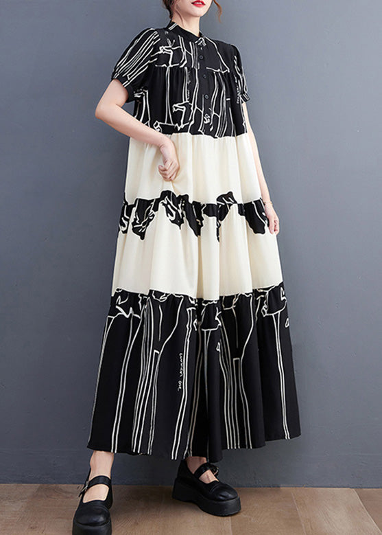 French Black Stand Collar Print Patchwork Long Dress Short Sleeve AC2066