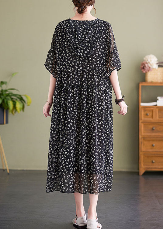 French Black V Neck Hooded Print Chiffon Dress Summer LY1503