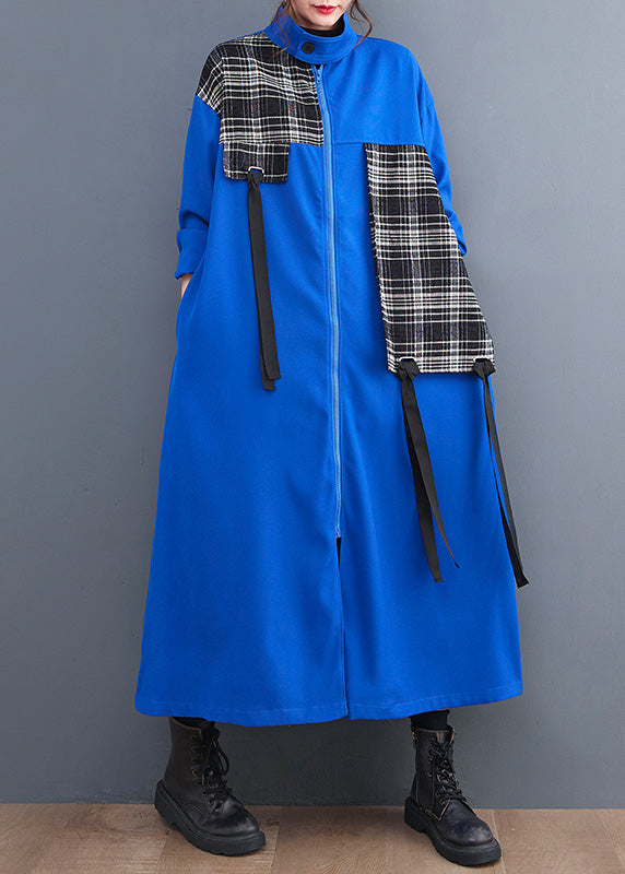 French Blue Peter Pan Collar Plaid Patchwork Zippered Long Trench Coats AC2073