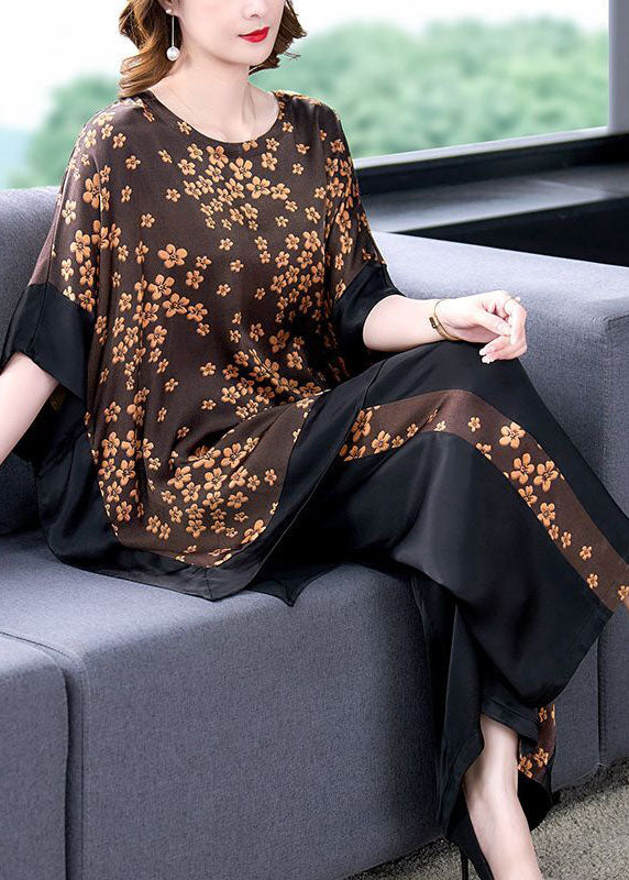 French Coffee Oversized Patchwork Print Silk Two-Piece Set Batwing Sleeve LY1709