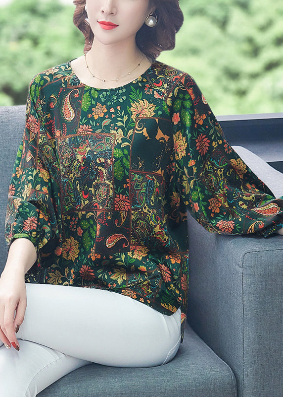 French Green O-Neck Oversized Print Silk Top Bracelet Sleeve LY0992