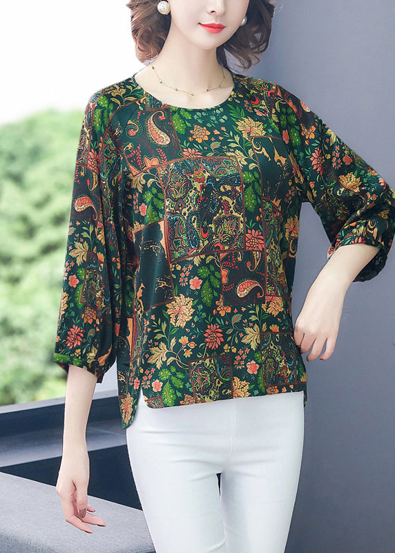 French Green O-Neck Oversized Print Silk Top Bracelet Sleeve LY0992