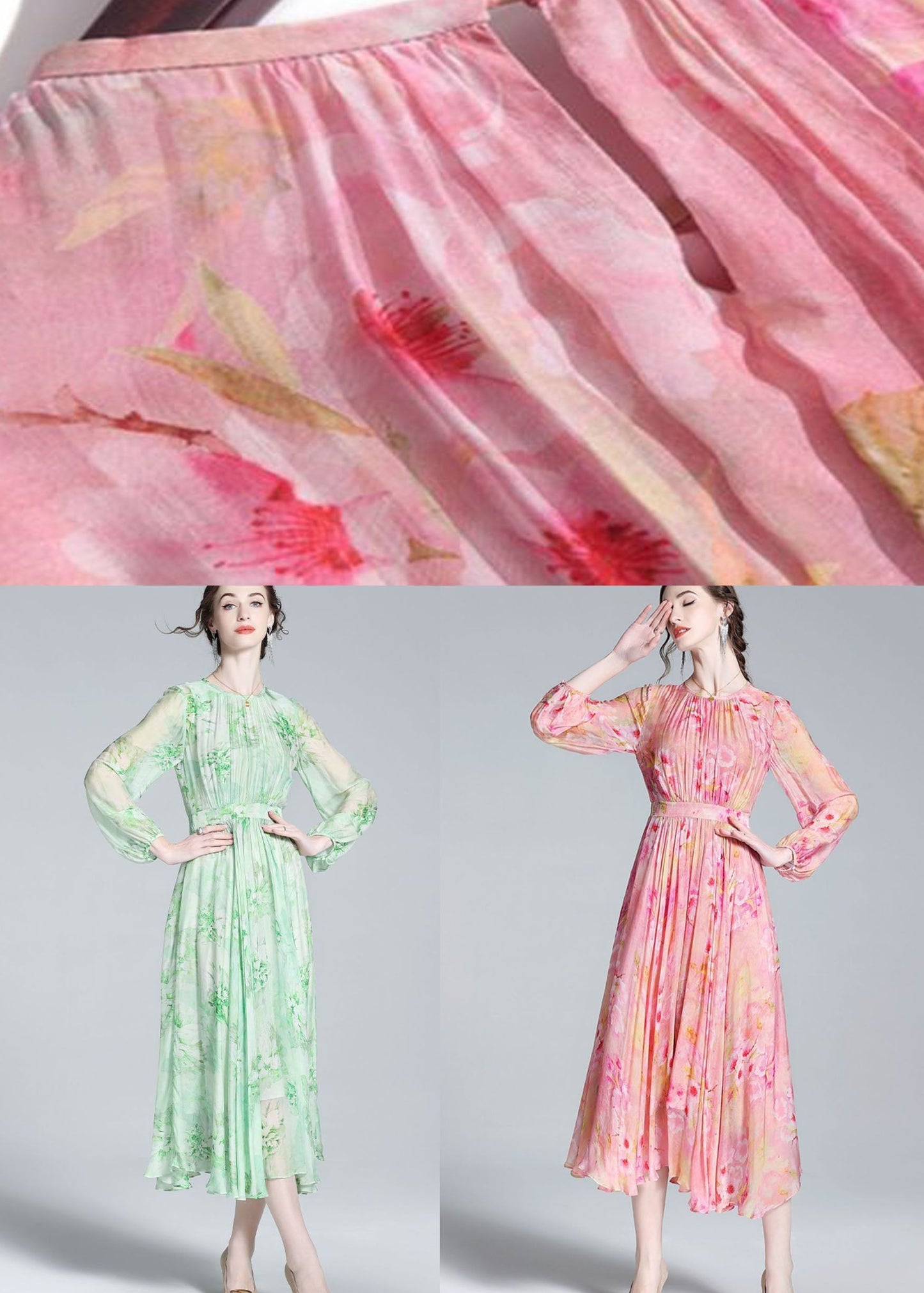 French Green O Neck Wrinkled Patchwork Silk Dresses Summer TI1028