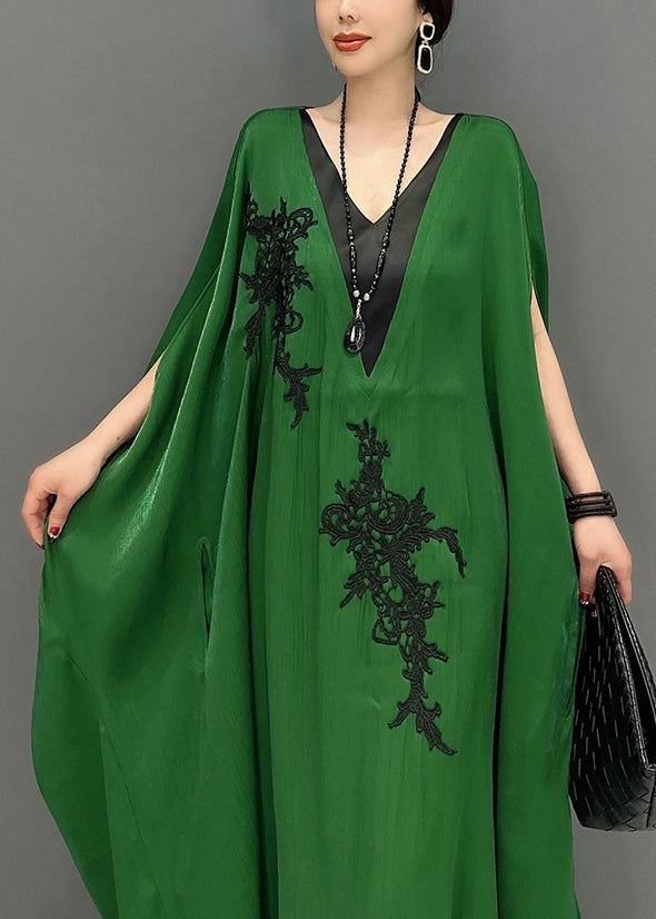 French Green Oversized Patchwork Silk Ankle Dress Batwing Sleeve LY0561