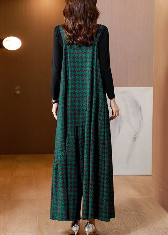 French Green Oversized Print Cotton Overalls Jumpsuit Two Piece Set Spring AC2005