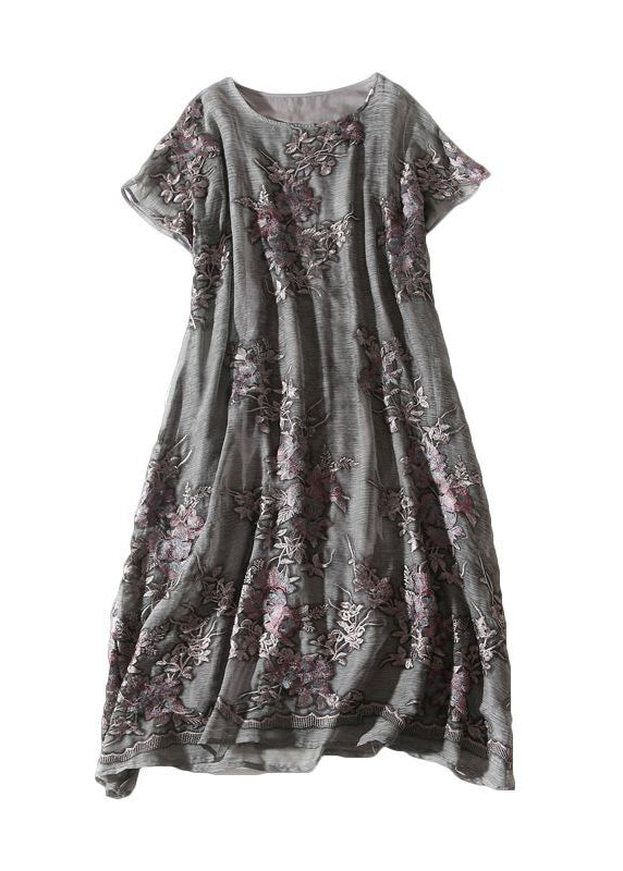 French Grey Oversized Embroideried Silk Dress AC3061