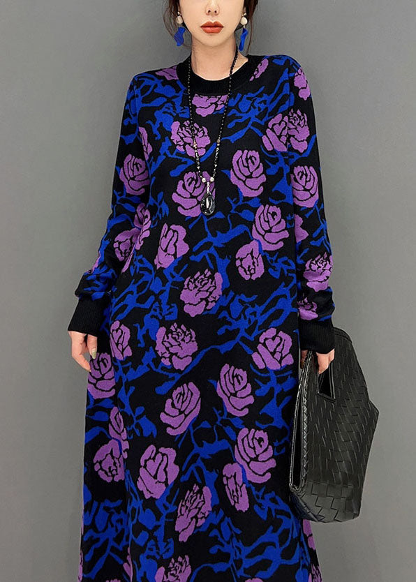 French Purple Rose Print Slim Fit Knit Long Dress Spring LY1660