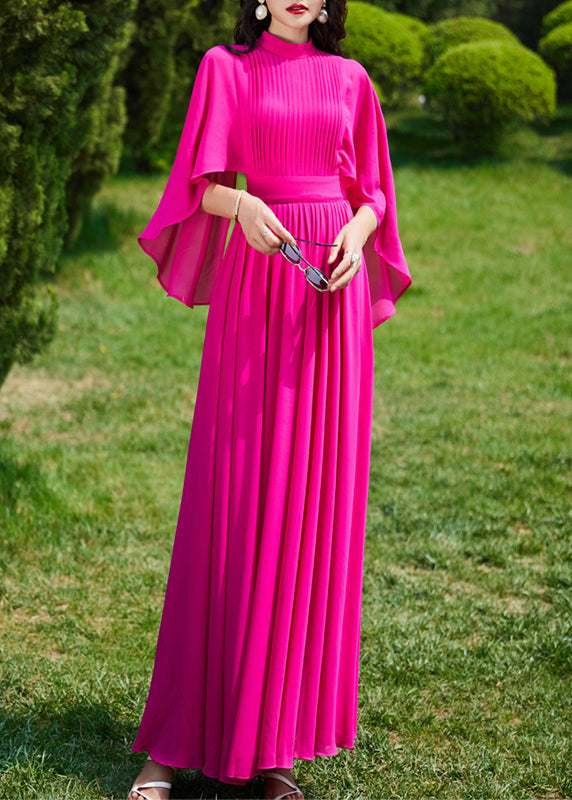 French Red Turtleneck Wrinkled Slim Silk Long A Line Dress Summer LY1718