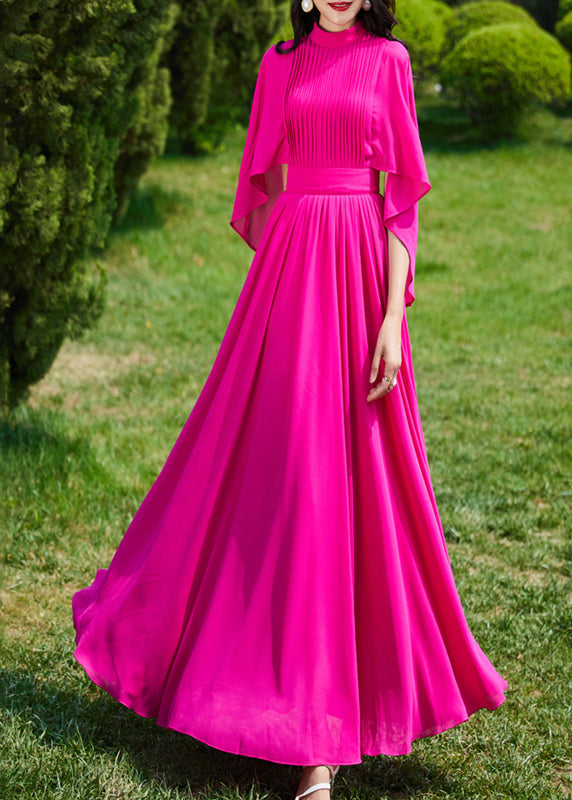 French Red Turtleneck Wrinkled Slim Silk Long A Line Dress Summer LY1718