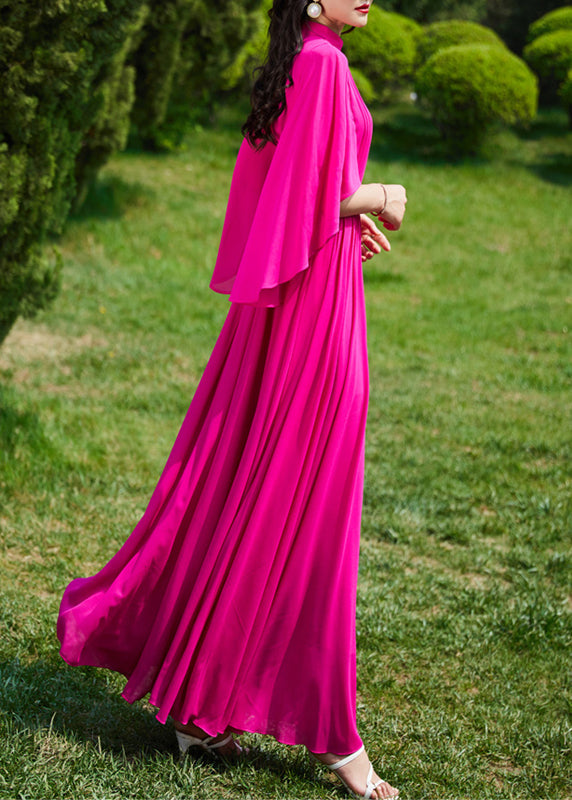 French Red Turtleneck Wrinkled Slim Silk Long A Line Dress Summer LY1718