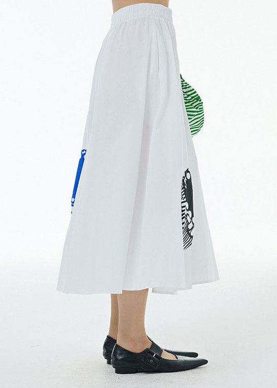 French White Wrinkled Print Decorated Patchwork Cotton Skirts Summer LY1223