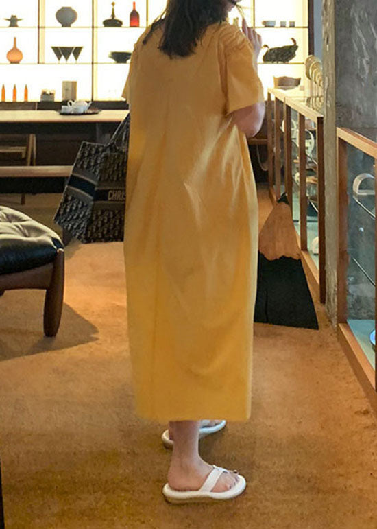 French Yellow V Neck Wrinkled Patchwork Cotton Long Dress Summer LY1352