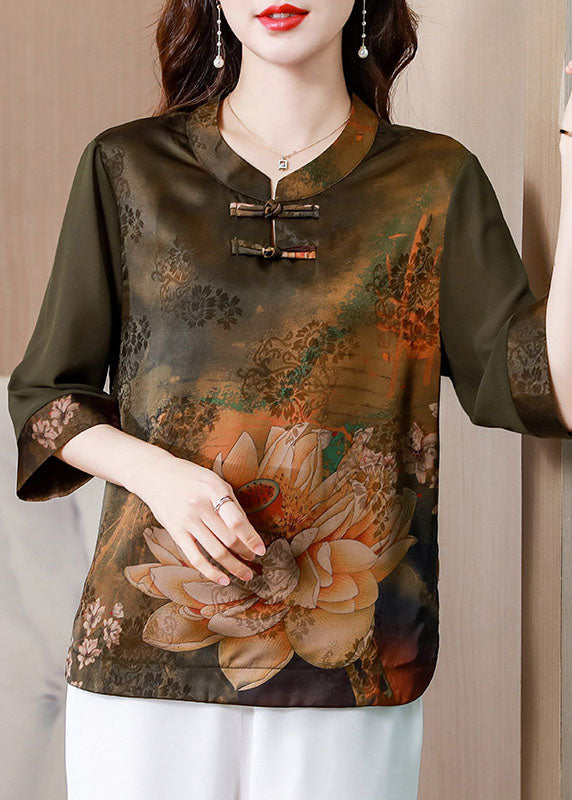Green Patchwork Print Silk Shirt Oriental Button Summer LY0465