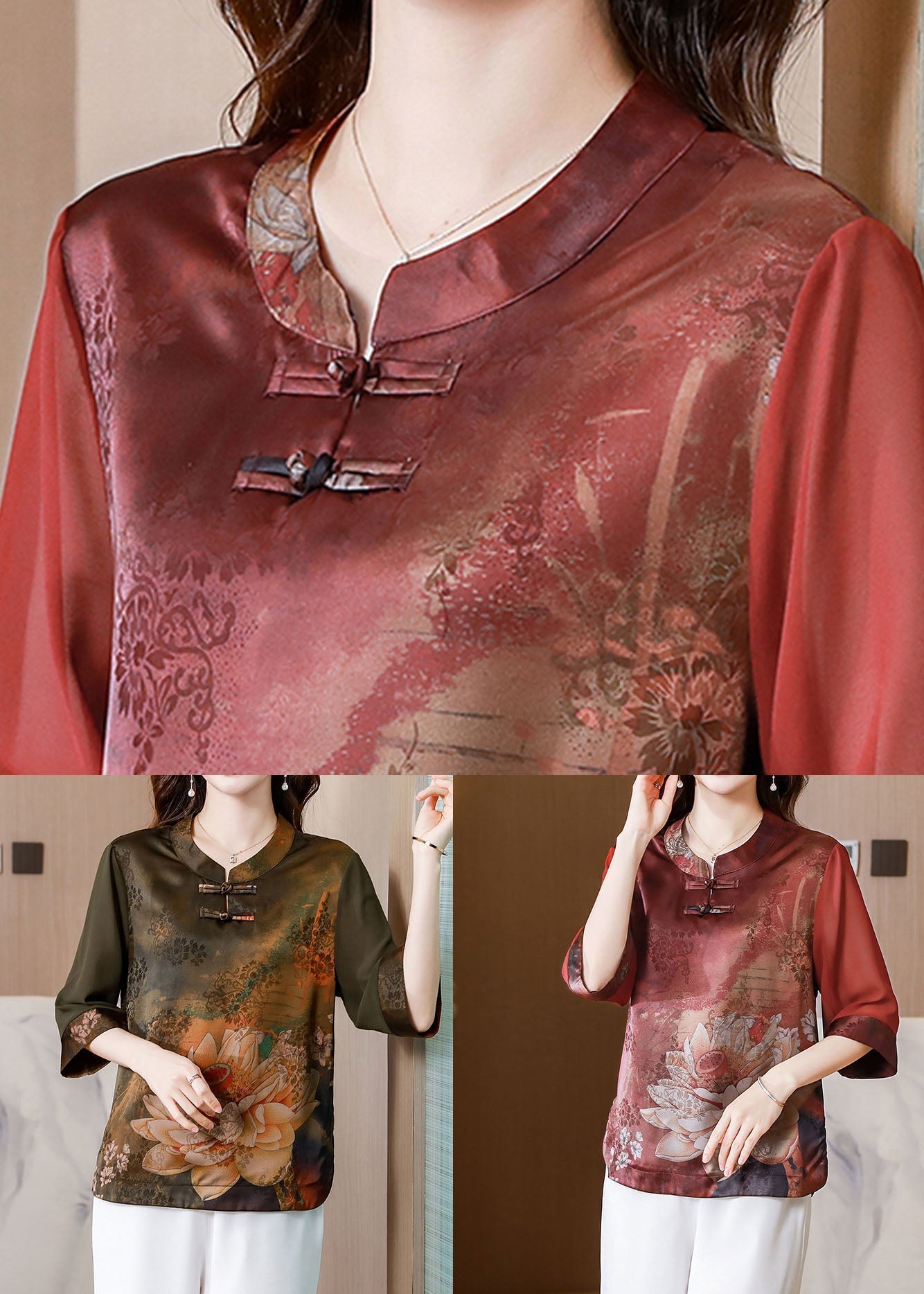 Green Patchwork Print Silk Shirt Oriental Button Summer LY0465
