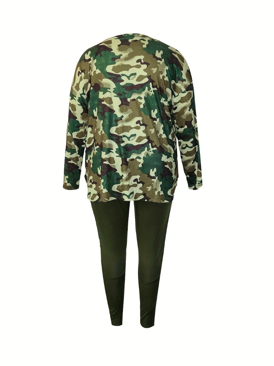 Plus Size Split Pattern Camo Skinny Two-piece Pants Set AT9042