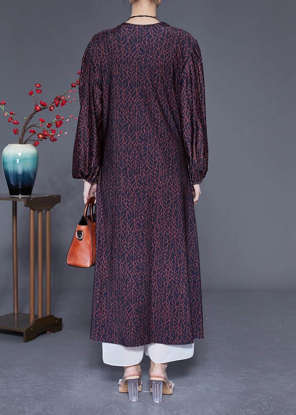 Handmade Black O-Neck Patchwork Print Wrinkled Silk Dress Lantern Sleeve LY1834