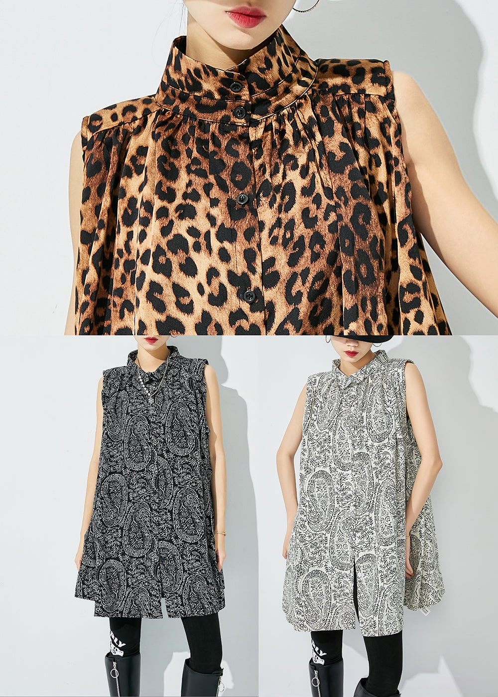 Handmade Black Oversized Print Cotton Shirts Sleeveless LY0837