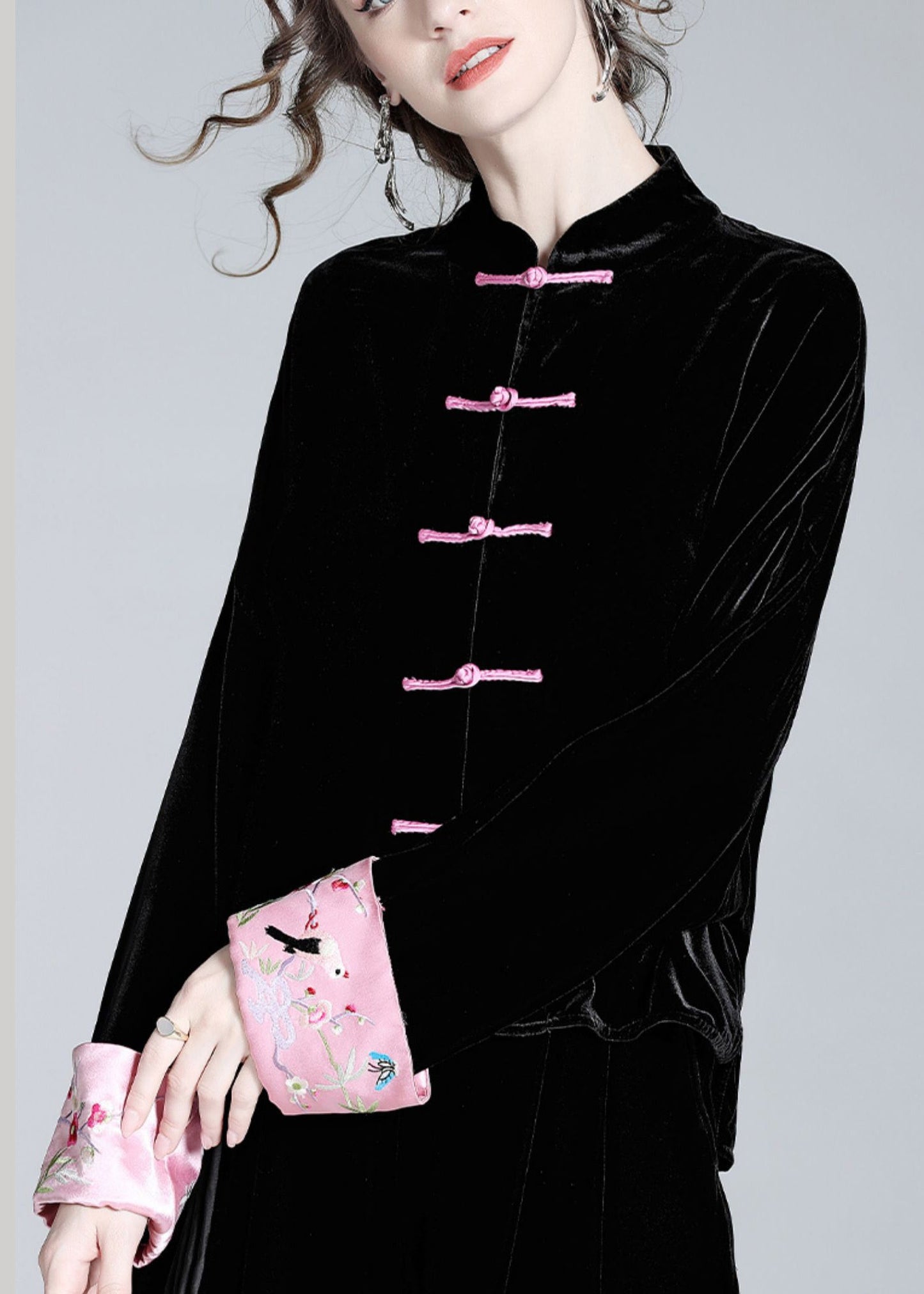 Handmade Black Print Button Silk Velour Shirt Spring LY0720