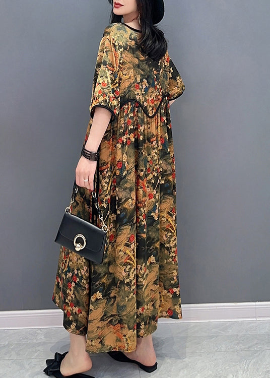 Handmade O-Neck Print Patchwork Long Dresses Short Sleeve LC0300