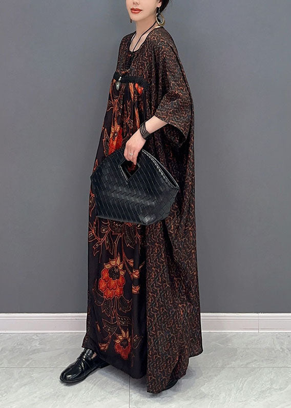 Italian Chocolate Oversized Patchwork Print Silk Maxi Dresses Summer LY0547