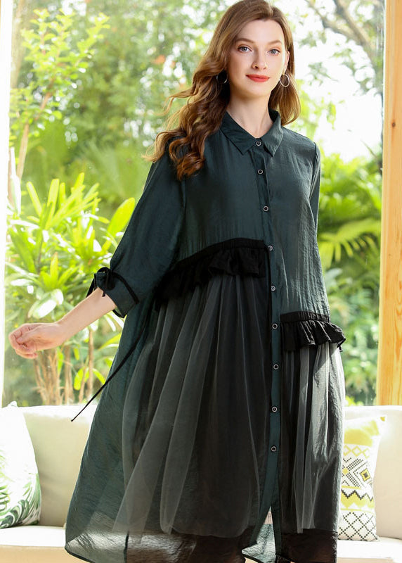Italian Green Oversized Patchwork Ruffles Cotton Dress Half Sleeve LY0280
