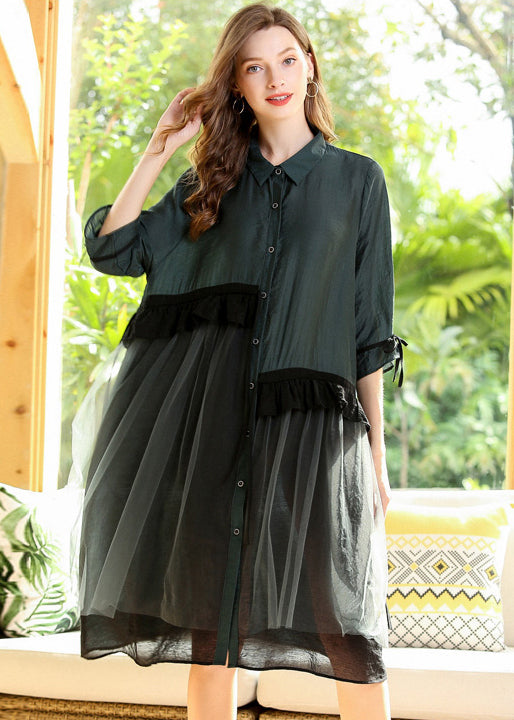 Italian Green Oversized Patchwork Ruffles Cotton Dress Half Sleeve LY0280