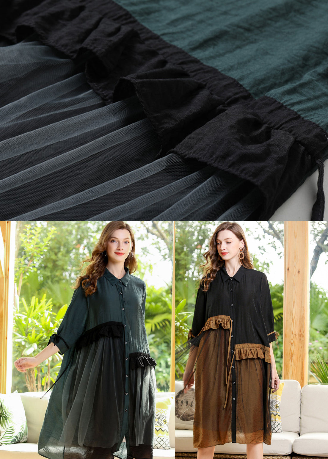 Italian Green Oversized Patchwork Ruffles Cotton Dress Half Sleeve LY0280