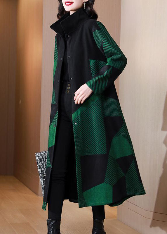 Italian Green Stand Collar Striped Warm Fleece Wool Trench AC2045