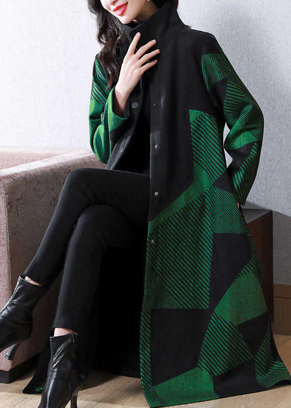 Italian Green Stand Collar Striped Warm Fleece Wool Trench AC2045