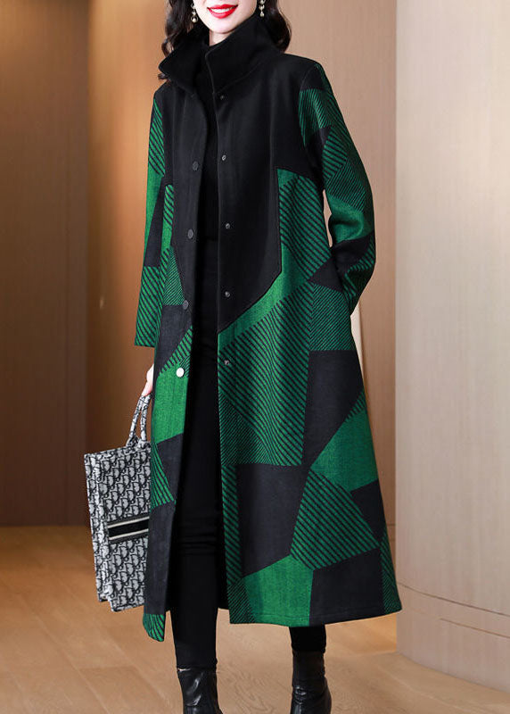Italian Green Stand Collar Striped Warm Fleece Wool Trench AC2045