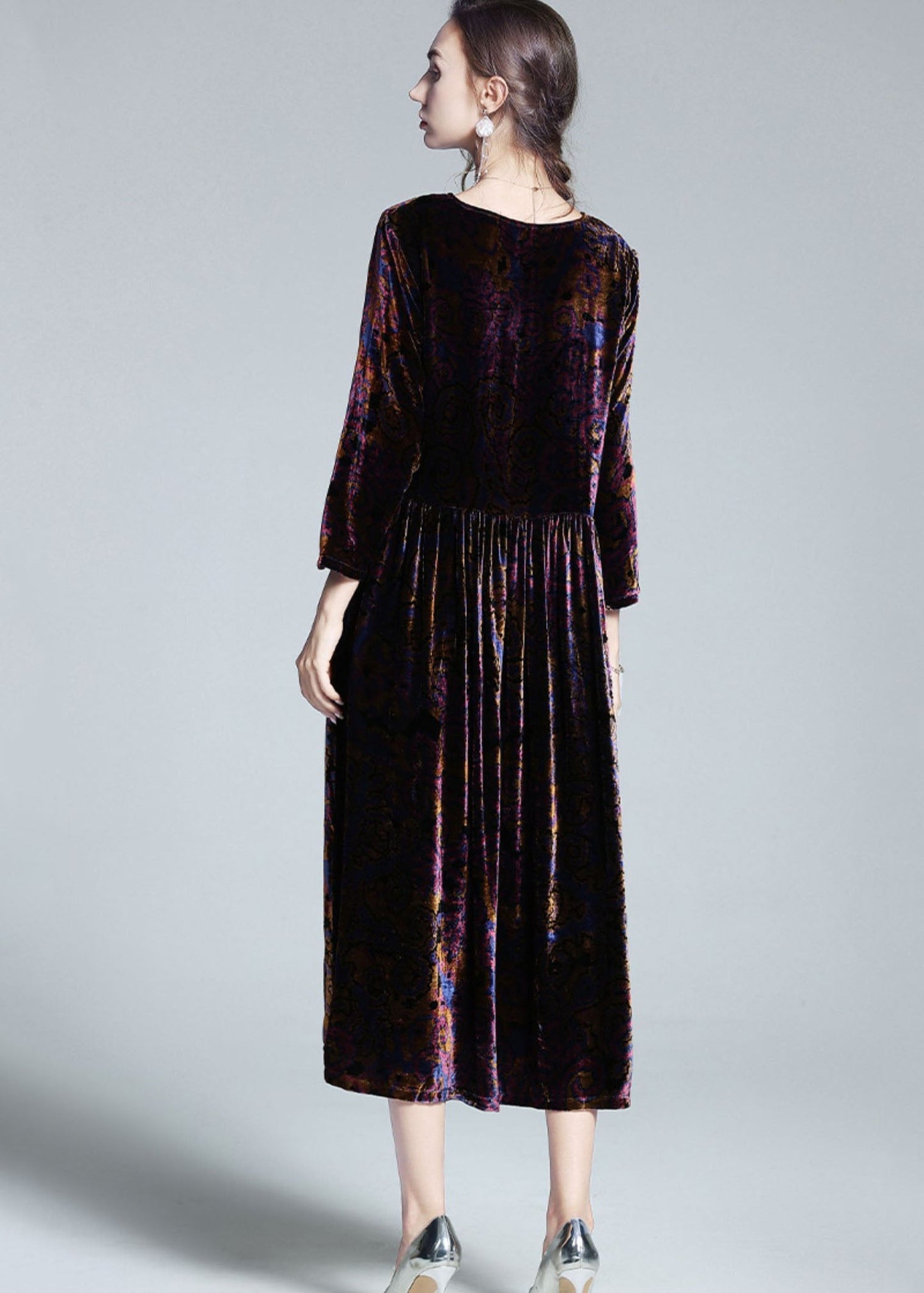 Italian Multi O Neck Patchwork Wrinkled Velour Long Dress Spring LY1062