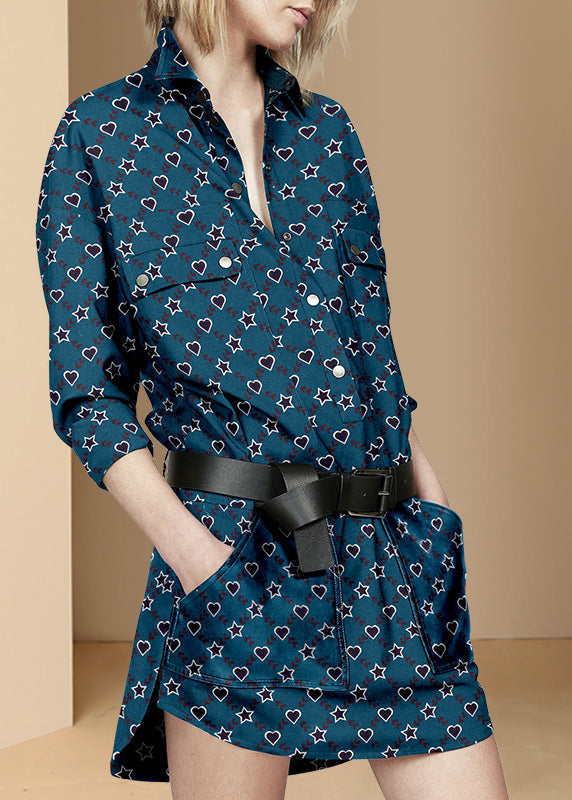 Italian Navy Peter Pan Collar Print Cotton Cinched Dress Spring LY0309