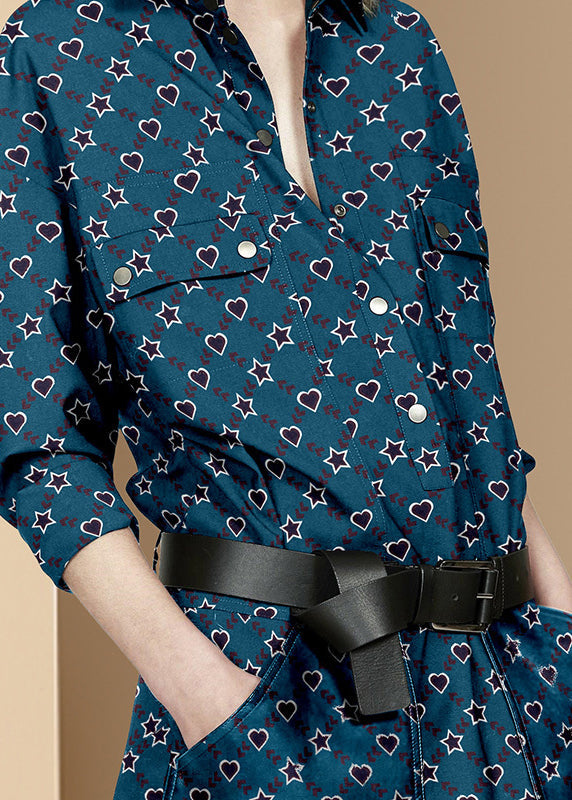 Italian Navy Peter Pan Collar Print Cotton Cinched Dress Spring LY0309
