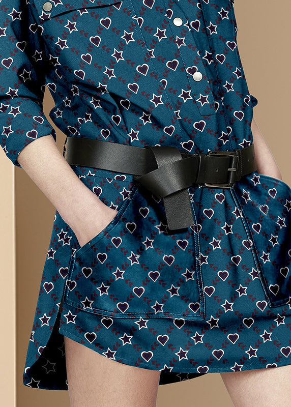 Italian Navy Peter Pan Collar Print Cotton Cinched Dress Spring LY0309