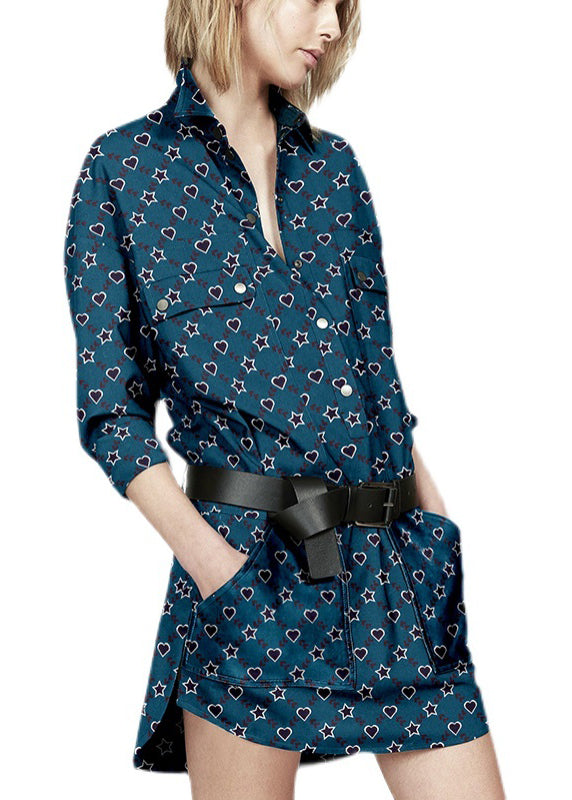 Italian Navy Peter Pan Collar Print Cotton Cinched Dress Spring LY0309