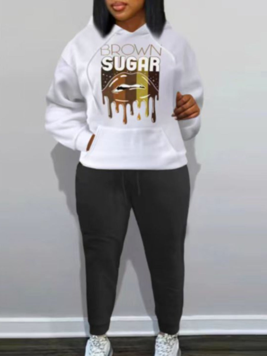 Plus Size Lip Letter Print Kangaroo Pocket Tracksuit Set BO1113